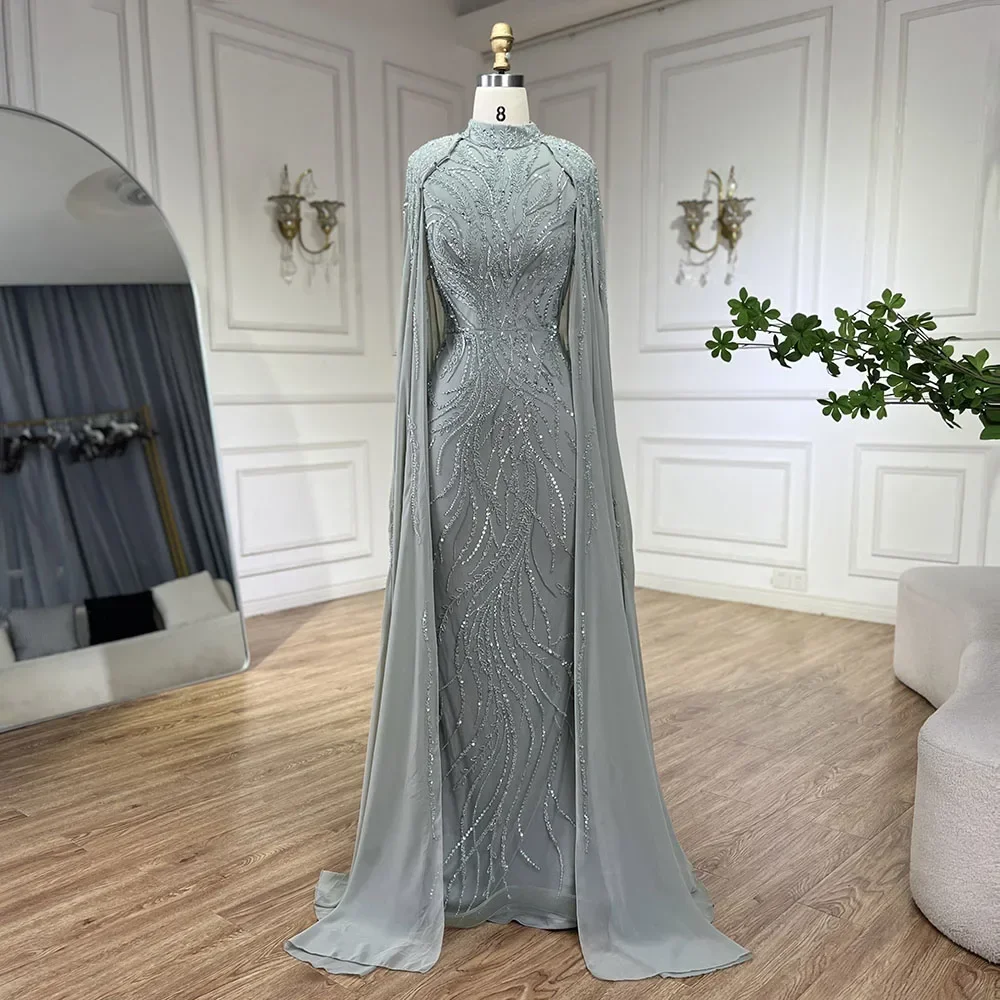 Serene Hill Muslim Sage Green Mermaid Long Cape Beaded Satin Luxury Evening Dresses Gowns For Women Party 2025 CustomizBLA72413A