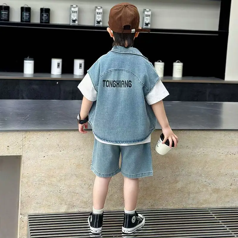 

Boys' Summer Denim Set 2025 New Denim Shirt+T-shirt+Denim Shorts 3-Piece Set Kids Outfits