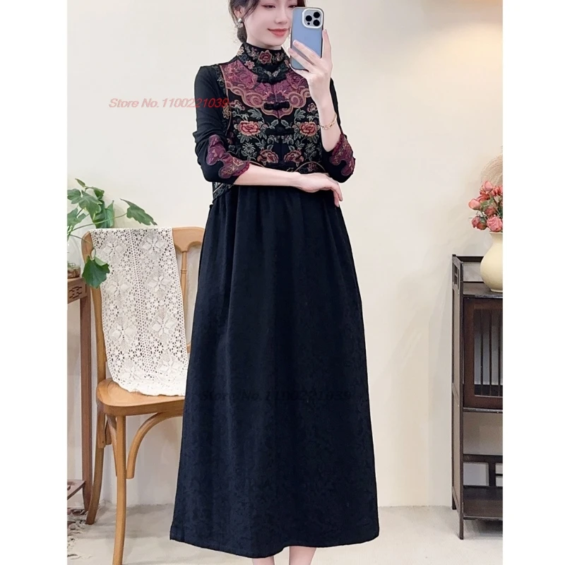 ชุดฮั่นฝูแบบดั้งเดิมของจีนปี 2025 ปักลายดอกไม้ประจำชาติ ผ้าฝ้ายผสมลินิน แขนกุด ลายแจ็คการ์ด สไตล์ย้อนยุค ทรงเอไลน์ ชุดพื้นเมือง