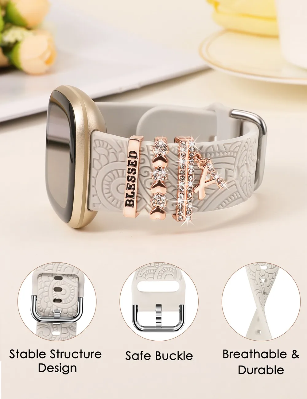 Toyouth-anillo decorativo con lazo para Fitbit Versa 4/Versa 3/Sense 2/Sense para mujer, Bandas de silicona con grabado bohemio para Versa 4