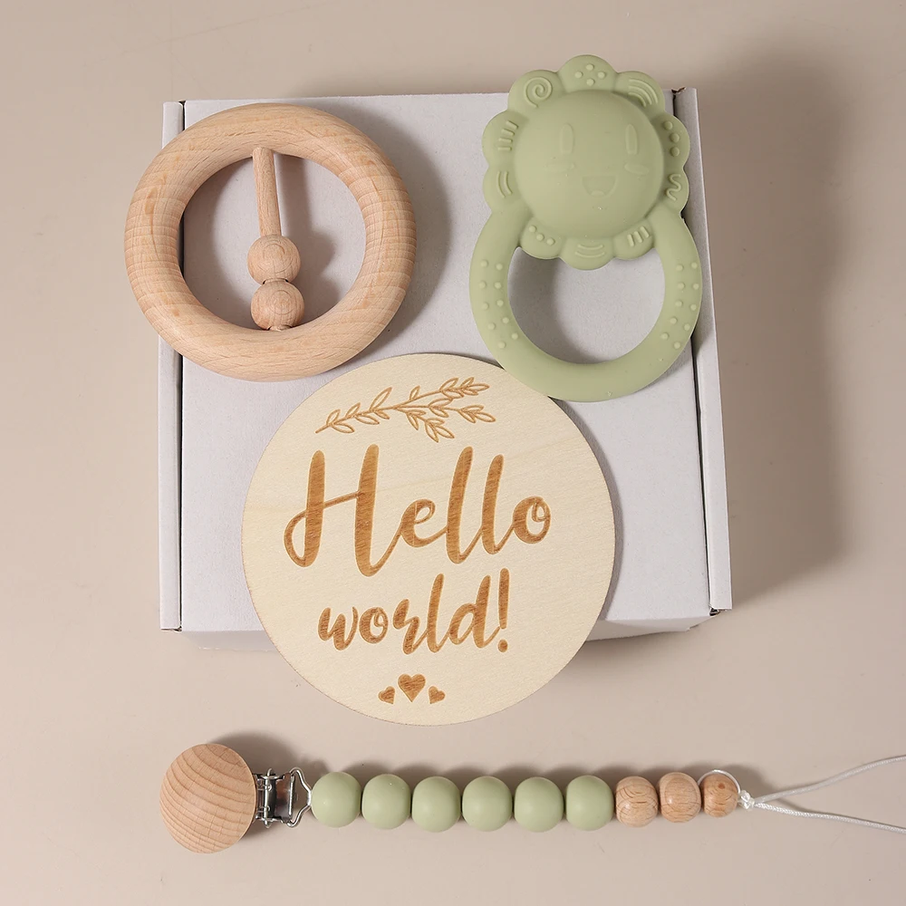 2025 Newborn baby gift set silicone teething elephant toy soothing lion rattle toy dummy clip gym play milestone gift box