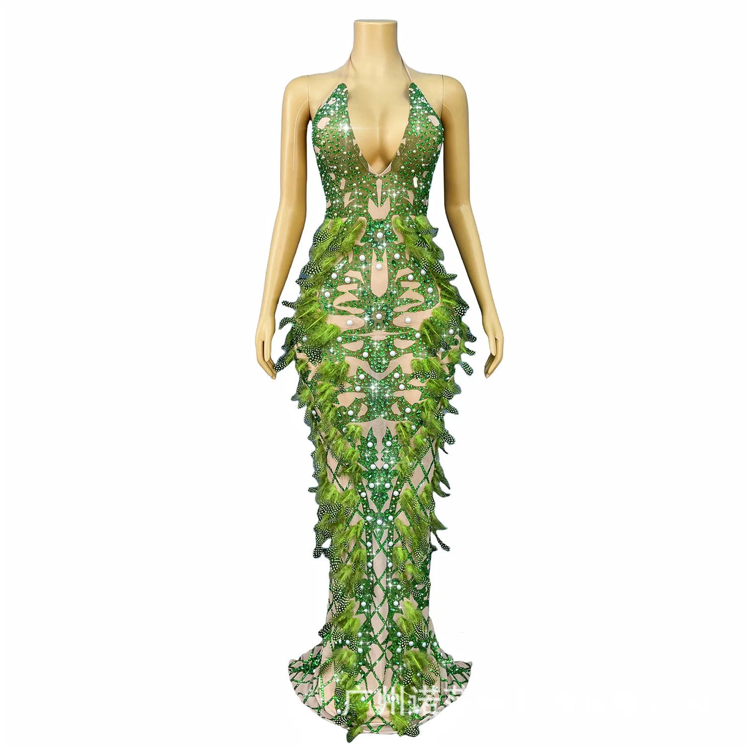 Original Personality Design Deep V Suspender Sexy Halter Feather Peacock Dress Drag Party Model Walk Show Engagement Gala Dress