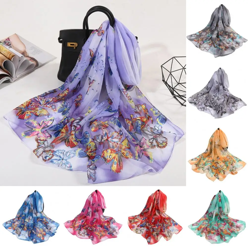 Ladies Scarf 8 Colors Comfortable to Wear Ultra Thin Summer Butterfly Print Long Shawl Wrap Chiffon Scarf Sun Protection