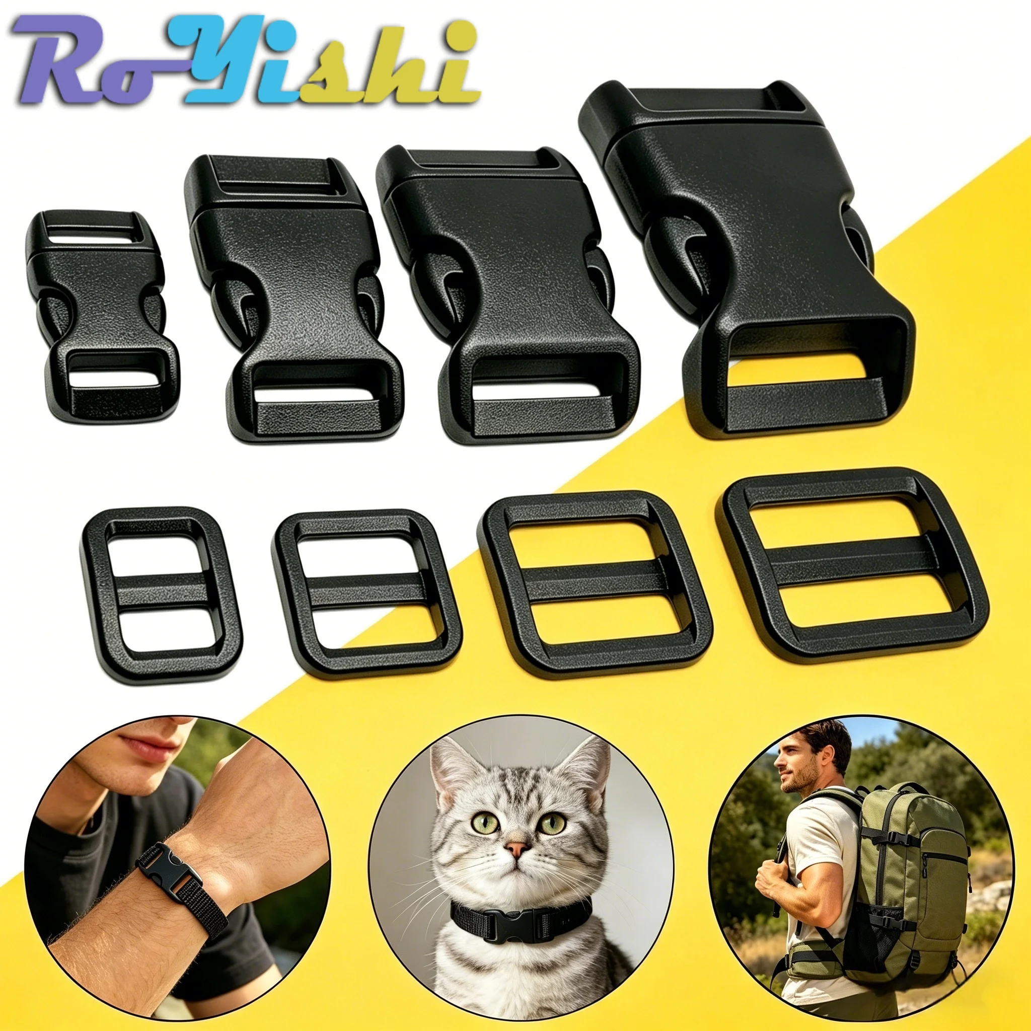 

RoYish 10-25mm Plastic Side Release Buckle+Tri-Glide Slider Black Quick Release Buckles for Backpack Dog Collar DIY Accessories