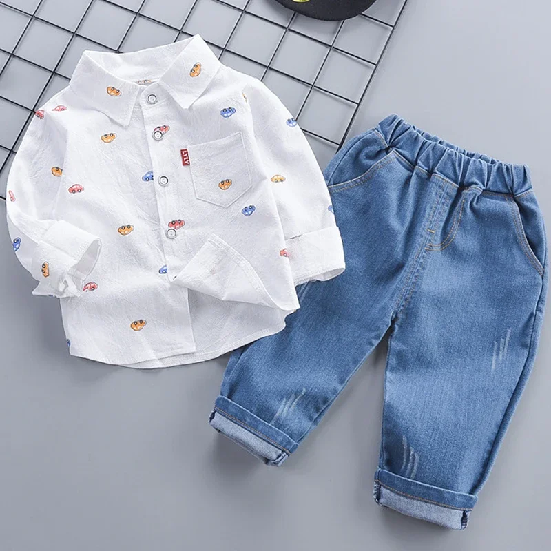 

1-4Years Spring Autumn Handsome Boys Clothing Set Full Sleeve Little Car Pattern Shirt+Jeans 2Pcs Suit For Kids Children Outfit