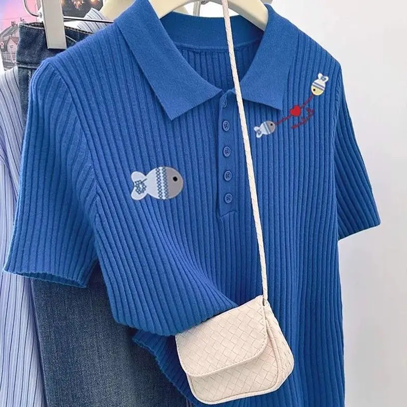 Primavera verão casual coreano bordado turn-down colarinho manga curta pullovers femme doce dos desenhos animados tricô camisetas femininas topos