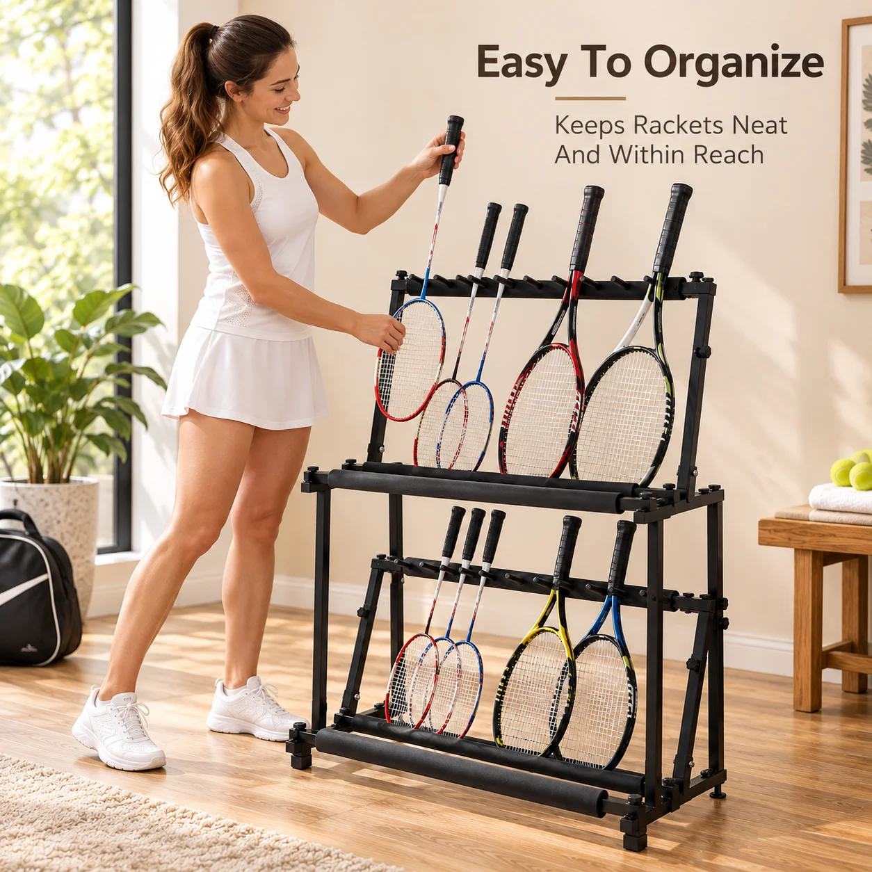 AOLIVIYA 14 Slot Badminton Racket Display Stand Tennis Racquet Storage Rack Double Tier Metal Floor Standing Organizer