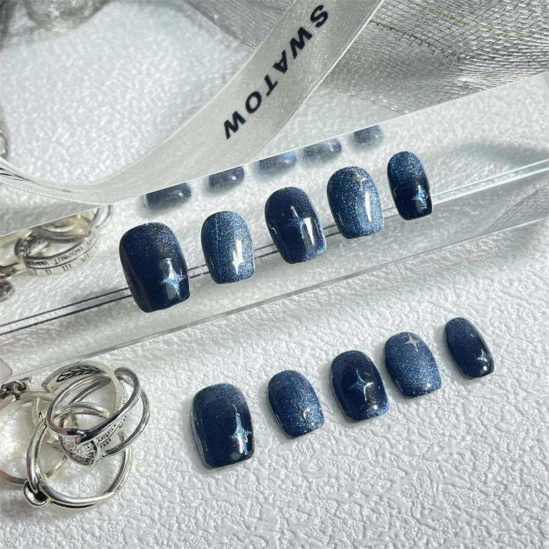 10 Stück handgemachte Nägel zum Aufdrücken, dunkelblaue Sterne, glitzernde künstliche Nägel, kurzes Katzenauge, fertig, tragbar, Dekoration, Nägel, Fingerspitzen
