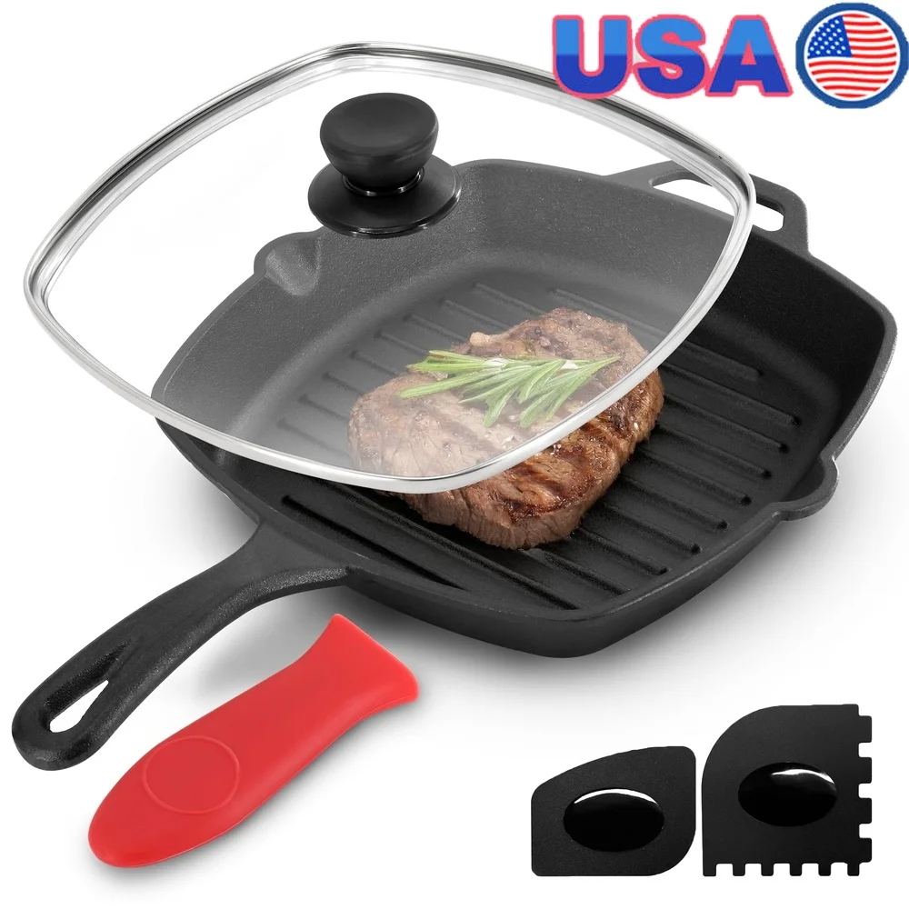 

Square Cast Iron Griddle Pan 10.4in Pre-Seasoned Oven Safe with Glass Lid Helper Handle Ideal Steaks Burgers Poultry
