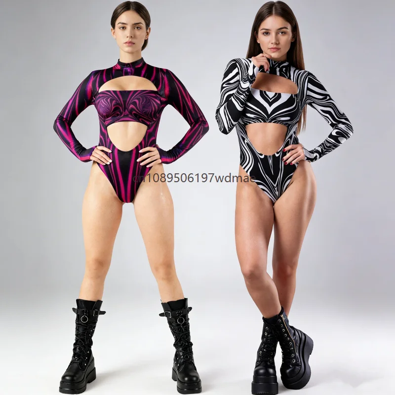 

Adult Sexy Cutout Swirl Texture 3D Painted Party Swimsuit Bodysuit Women Cosplay Art Stage Performance Clubwear Tights Jumpsuit