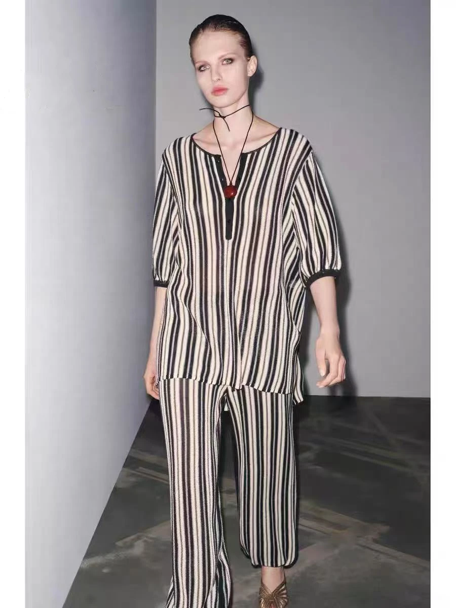 

YY26223 ZA25 Autumn New Women's Striped Linen Blended Casual Pants Early Autumn Hong Kong Style Retro slimming Straight Tube 553