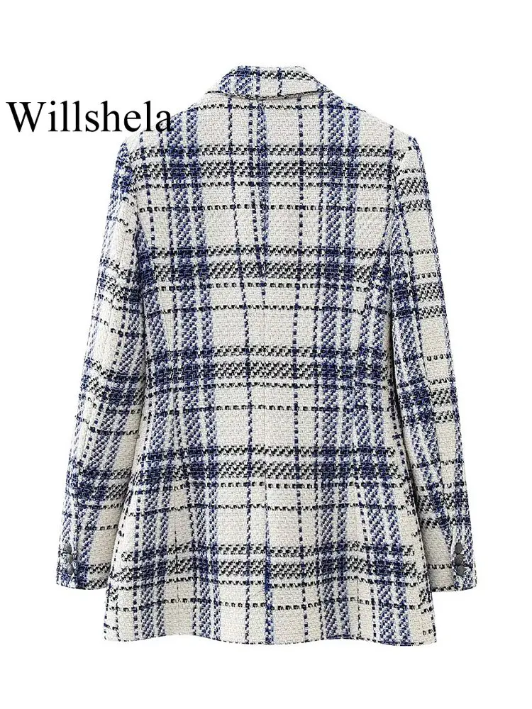 Willshela Women Fashion With Pockets Texture Plaid Double Breasted Blazer Vintage Notched Neck Long Sleeves Female Chic Outfits