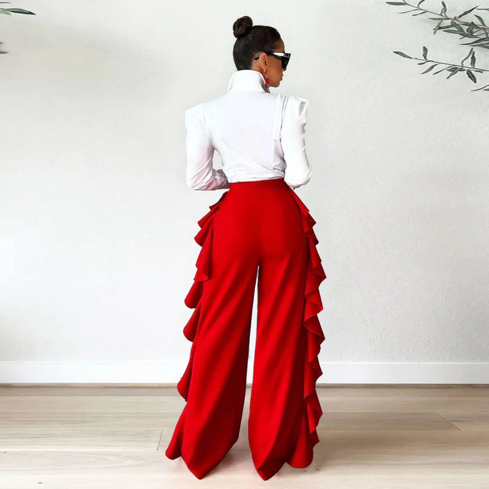 2024 New Women\'s Fashion Sexy Solid Color High-waisted Elastic Flounce Ruffled Wide Legs Pants Elegance Casual Trousers
