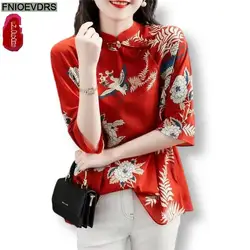 Retro Vintage Tops Japan Girls New Design Women Summer Flower Printing Cute Sweet Stand Collar Red Shirts Blouses