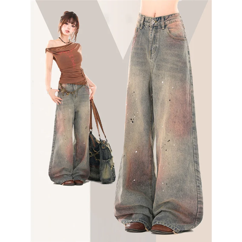 

Retro American Denim Jeans adient Dyeing Loose Wide Leg Pants Women's Spring Summer Slimming Straight Cut Trousers