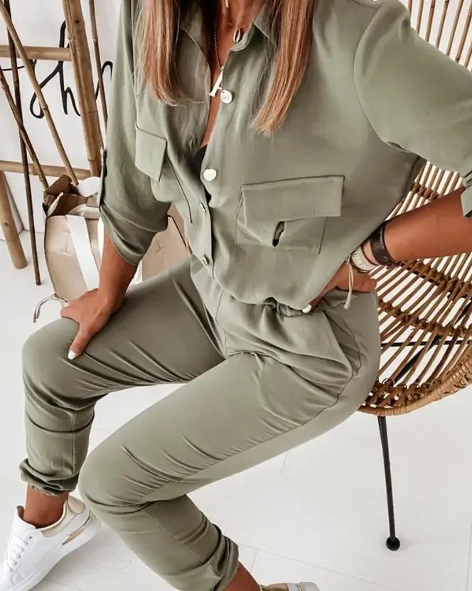 Women's Jumpsuit Socket Button Design Long Sleevejumpsuit 2024 Spring/summer Latest Sporty Street Turn Down Collar Daily Romper