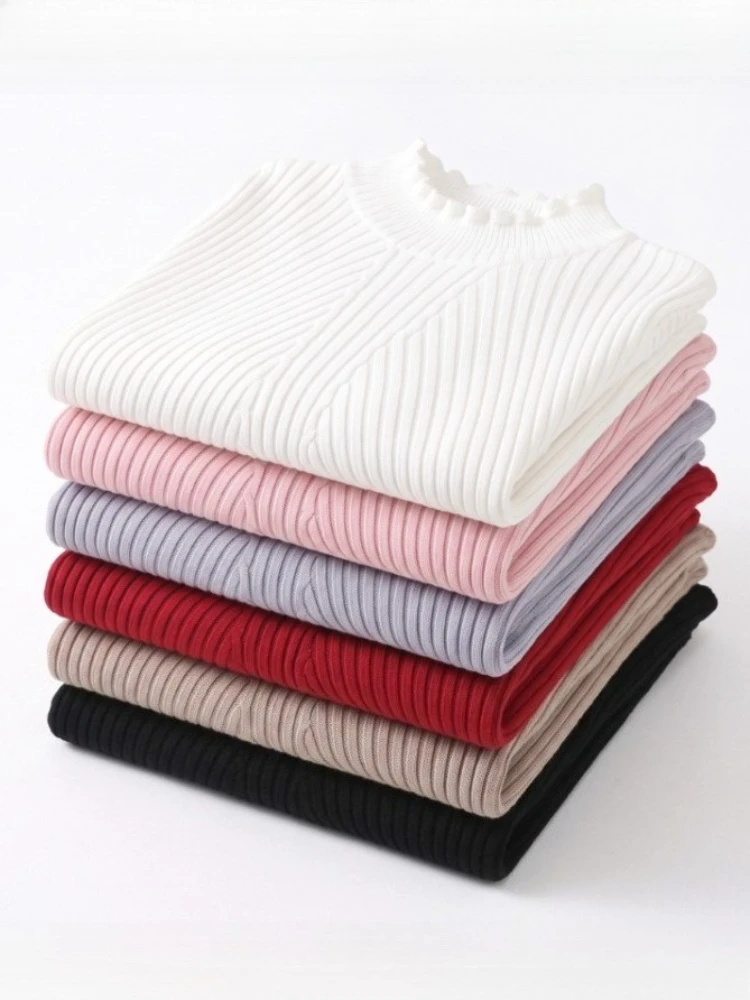 2026 Autumn Winter Long Sleeve Knitted Bottoming Solid Pullovers Mock Neck Ruffles Women Sweater Stripe Casual Sweater Winter