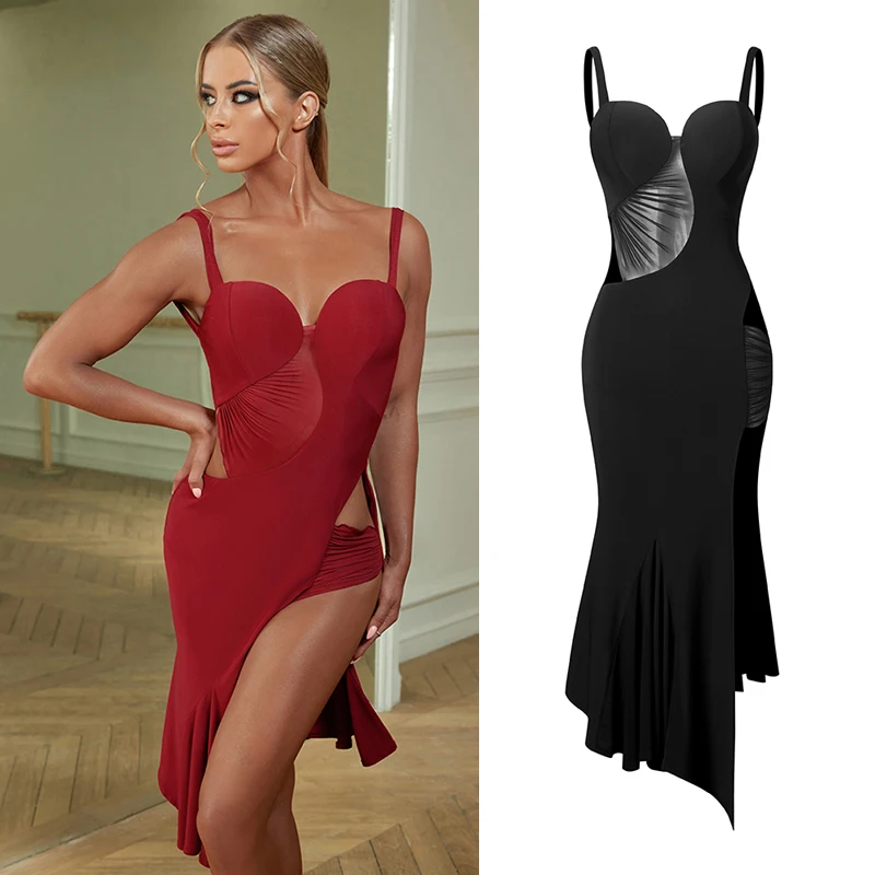 

2023 New Latin Dance Dress Women Sexy Irregular Dress Black Burgundy Rumba Ballroom Dance Competition Dress Adult Practice Wear