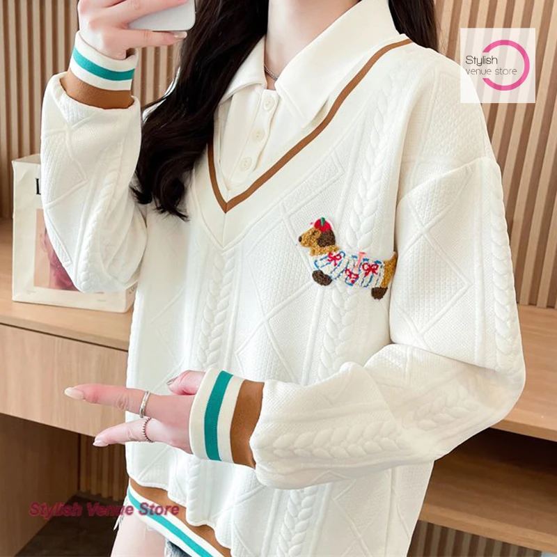 Korean style stitching fake two-piece sweater women's spring and autumn cartoon loose western design embroidered polo collar top