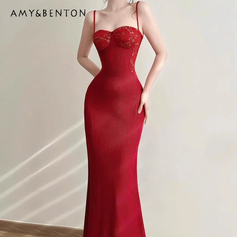 

French Retro Design Red Lace Carved Splicing Women's Sling Dress 2025 Autumn New Elegant Slimming Sweet Cool Sexy Dresses Ladies