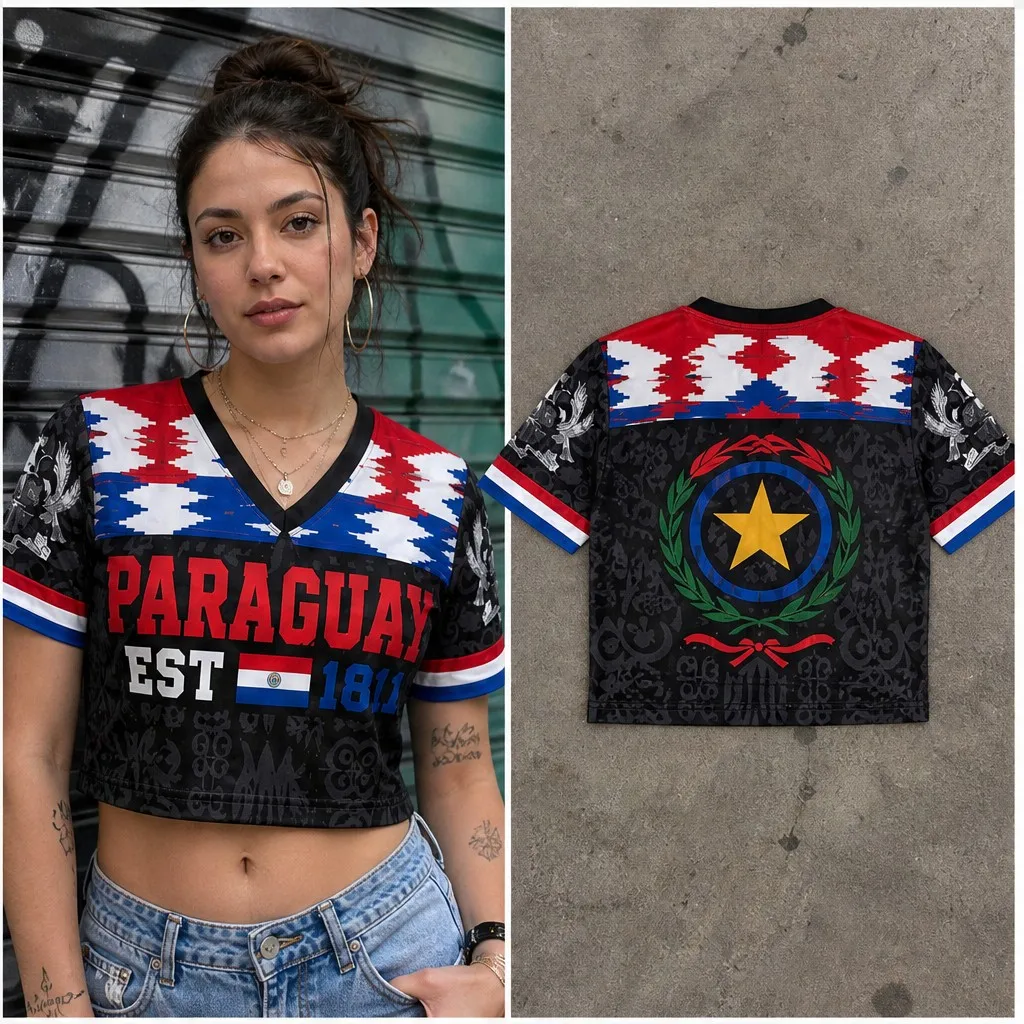 T-shirt court à col en V pour femme, motif étoile du Paraguay, style folklorique, décontracté, streetwear d'été, idéal pour les tenues quotidiennes
