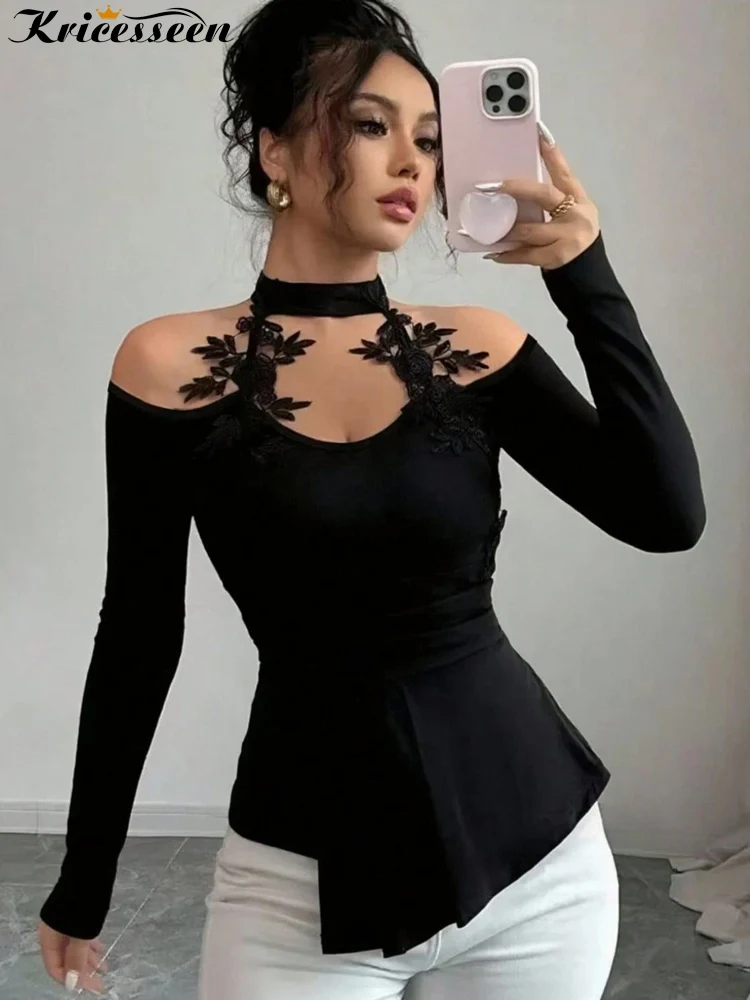 

Kricesseen Sexy Halter Neck Lace Floral Hollow Out T Shirt Women Long Sleeve Night Out Top Cold Shoulder Blouse