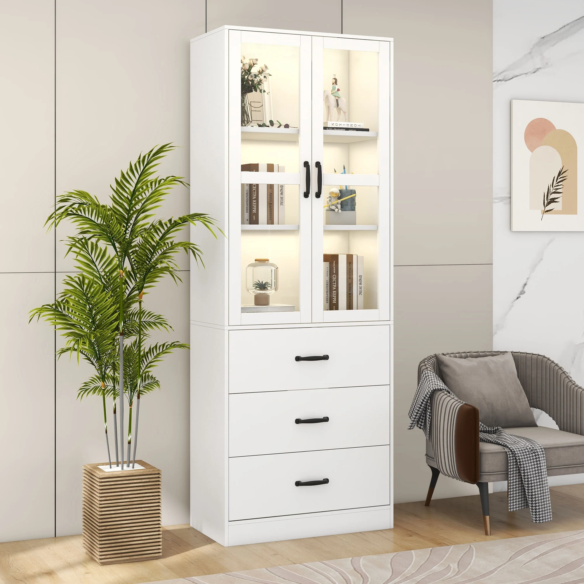 KOMHTOM Armario de pie elegante de 200 cm de altura en color blanco con iluminación LED ambiental, 3 generosos cajones de almacenamiento, 2 puertas de cristal transparente y 2 divisiones ajustables