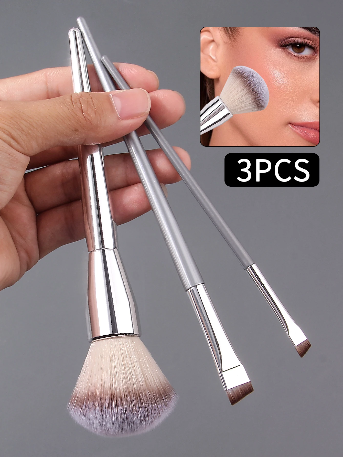 3 pçs prata mini conjunto escova em forma de flor blush escova + dois pincéis de delineador em forma de faca ultra-fino de diferentes tamanhos