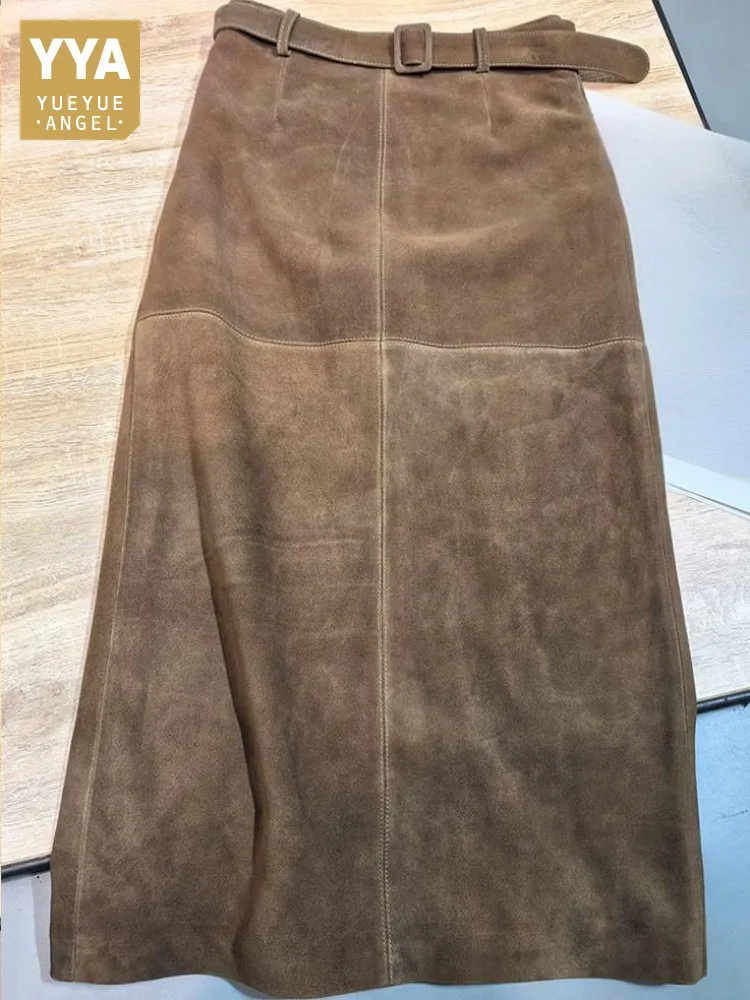 Fashion Ladies Leisure Style Solid Color Genuine Leather Suede Skirts High Waist Belt Sheepskin Handmade Knee Length Skirt