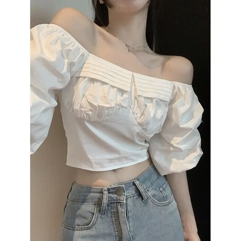 

Chemises Femme Korean Slash Neck Sexy Shirts Crop Tops Off Shoulder Puff Sleeve Camisas Y2k Slim Fit High Waist Elegant Women