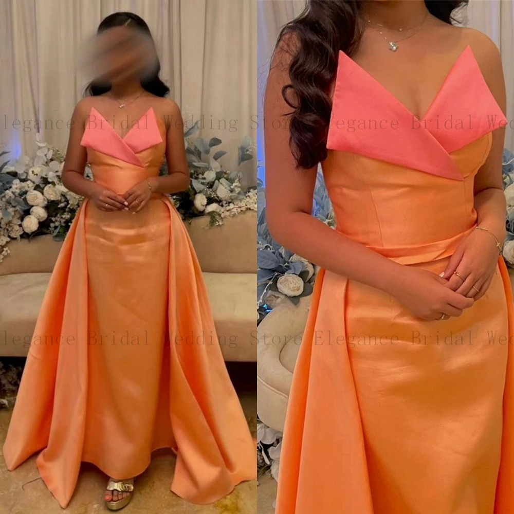 Vestido sexy laranja cetim feminino, vestido sem alças elegante para adolescentes, vestido formal de trem de escova, sereia