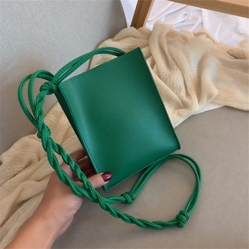 Girl Small Square Shoulder Bag Leather Weaving Belt Crossbody Bag Fashion Women Sloid Phone Pouch Vintage Messenger Package