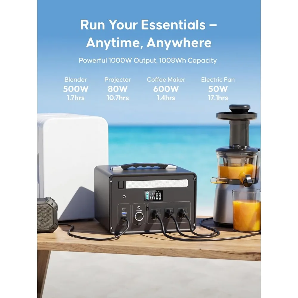 new Portable Power Station 1000W (2000W Surge), 1008Wh LiFePO4 Power Station with 3 AC Outlet, 140W USB-C Fast, Customized