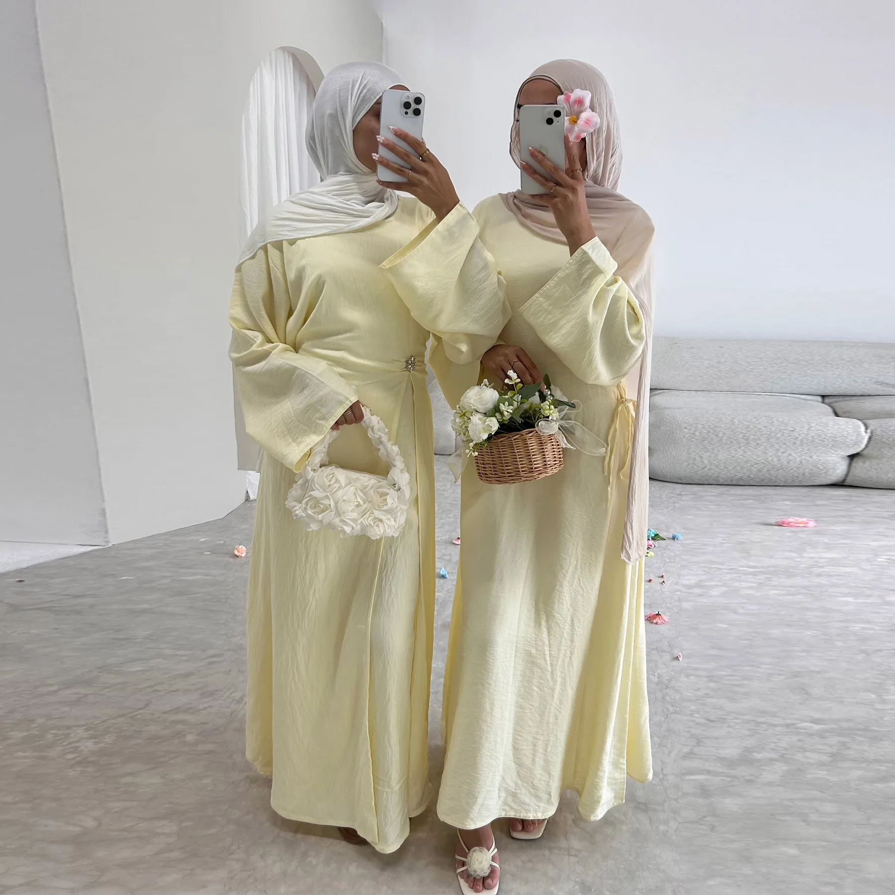 

Casual Muslim Women Abaya Dress with Layered Skirt, Long Sleeve Decorative Pin Hijabi Long Dress, Dubai Ramadan Islamic Clothing