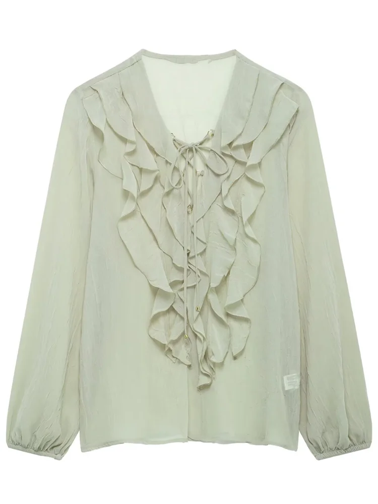 

Zevity 2025 г., женская модная каскадная кружевная бандажная блузка с оборками, женская повседневная рубашка с длинным рукавом, Blusas, шикарные топы LS2614