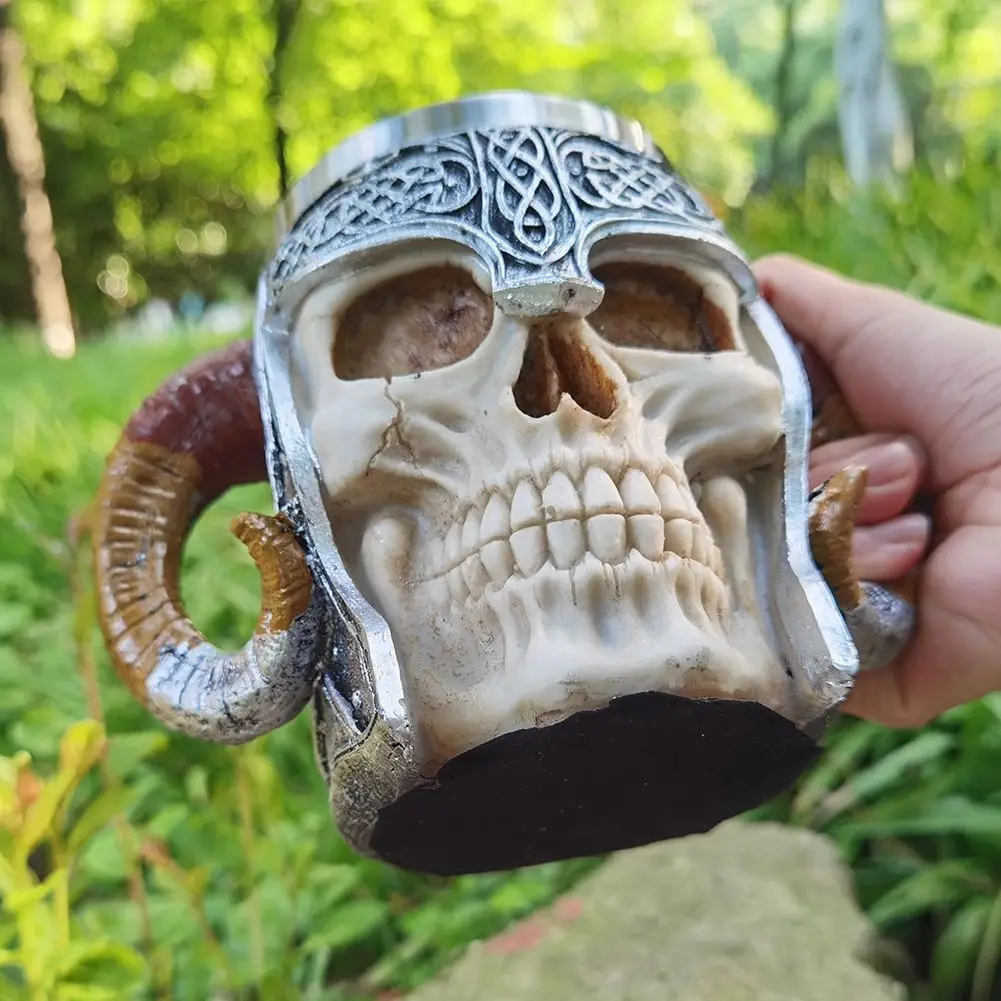 Skull Resin Stainless Steel Mug Ram Horned Pit Lord Viking Warrior Mug Beer Tankard Coffee Mugs Drinking Cup Halloween Bar Gift
