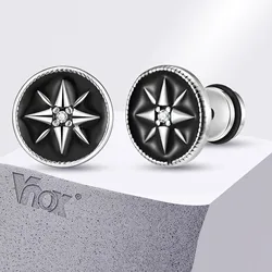 Vnox Nautical Compass Star Stud Earrings for Men Boys, Black Enamel Coin Stud Earrings, Vintage Stainless Steel Piercing Jewelry