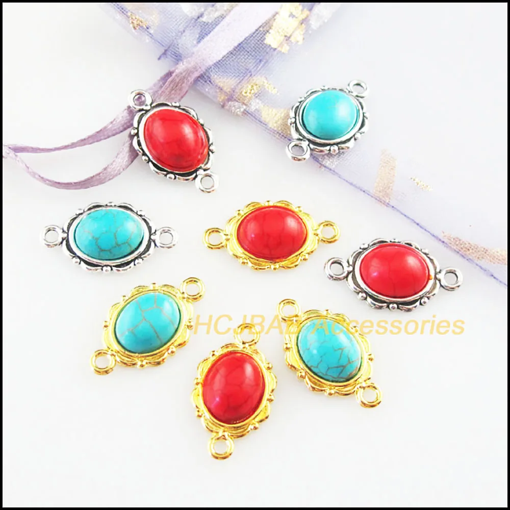Fashion 20Pcs Retro Gold Color Tibetan Silver Tone Oval Flower Blue&Red Stone Charms Connectors 12x21mm