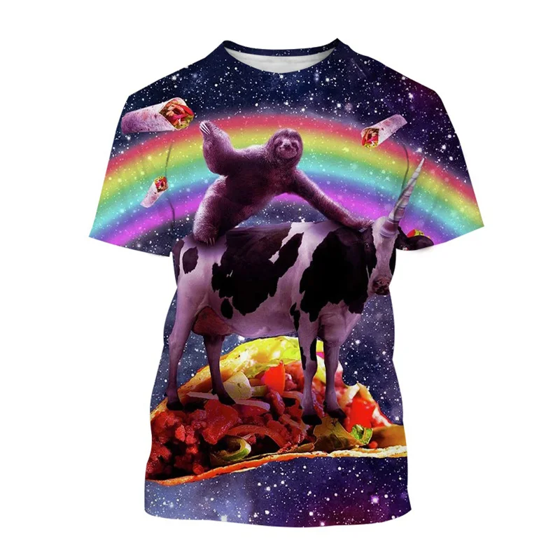 Funny Galaxy Sloth Pizza 3D Printed T Shirt Men Fashion Animal Graphic Tee Summer Short Sleeve Streetwear Tops Plus Size Kids
