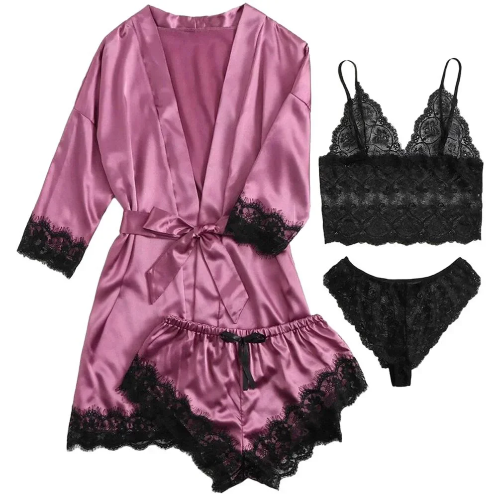 4 Pieces Woman Sleepwear Pajamas Ser With Robe Sexy Lace Lingerie Bathrobe Silk Satin Home Clothed Nightwear Robe