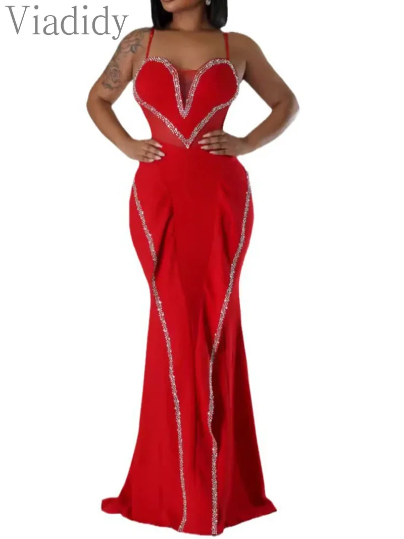 

Женское сексуальное платье-русалка для вечеринок, однотонное, с тонкими бретелями, декорированное стразами, с прозрачными сетчатыми вставками.