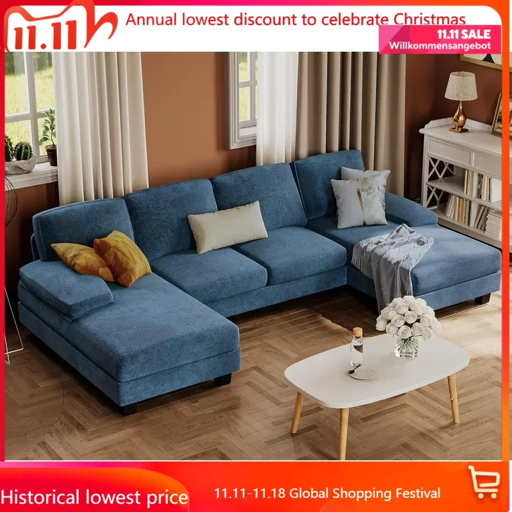 Sectional Couches for Living Room, U-Shaped Sofa Couch with Linen Fabric, 4 Seat Sofa Set with Double Chaise for Apartmen