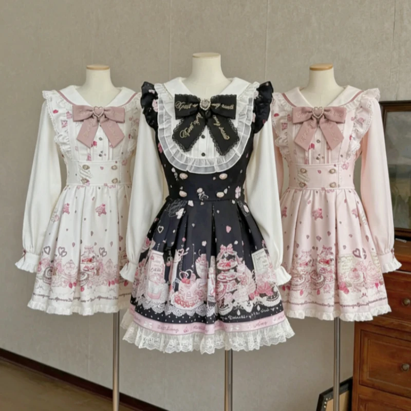 Frühling Kawaii Lolita Kleid Frauen Gedruckt Bogen Japanische Kleidung Kurze Party Kleid Weibliche Vintage Design Einem Stück Kleider Koreanische