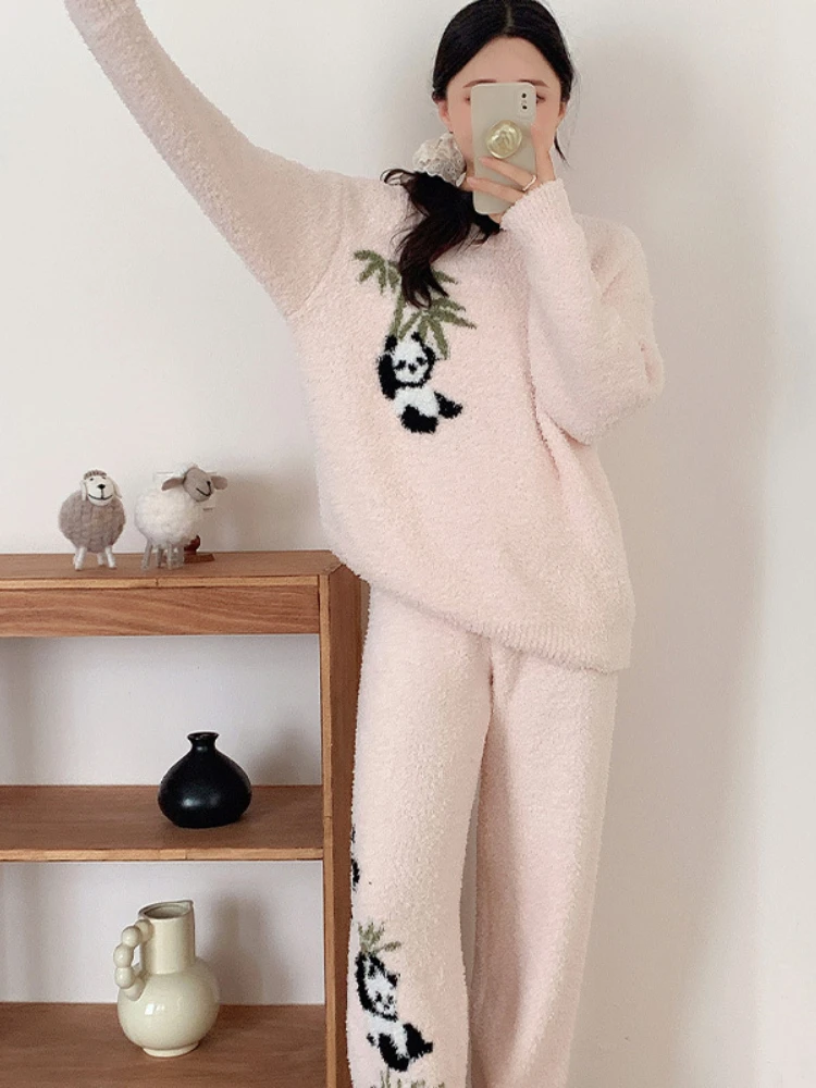 Autumn Winter New Pajamas Women's Half-Side Velvet Thickened Warm 2 Pieces Suit Panda Printed Coral Velvet Outwear Home Clothes