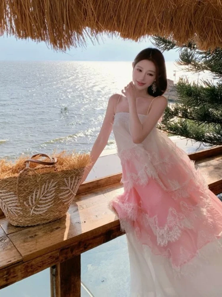 Dress Vibrant Ethereal Designer Gradient Lace Patchwork Spaghetti Strap Bustier Flared Tropical Vacation Style Long Gown