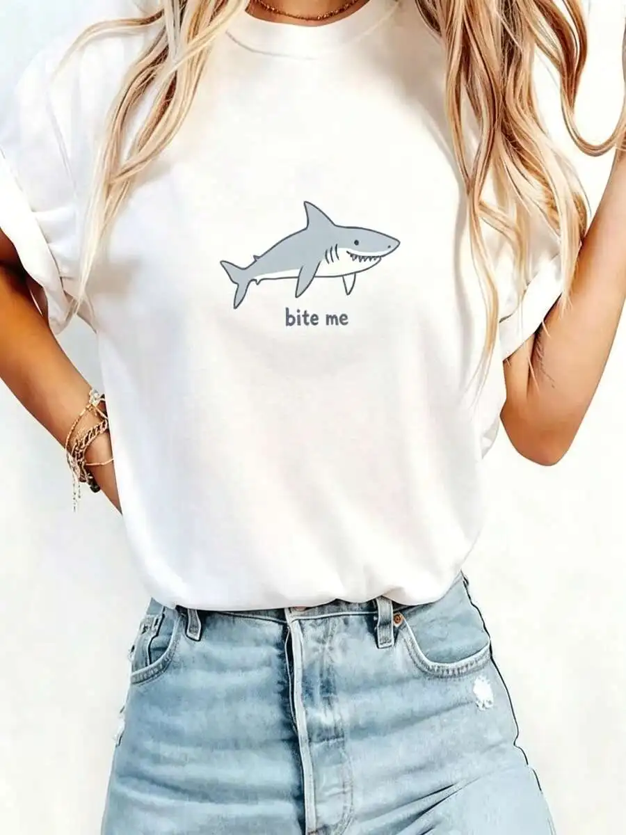Women Short Sleeve Crewneck T Shirt Cartoon Shark Print Casual Loose Fit Summer Daily Wear Trendy Summer Outfit Top