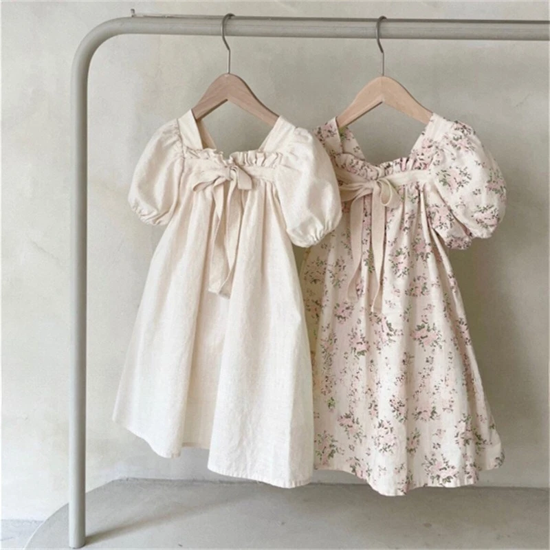 Girls Skirt Ins Korean Version Summer Dress Baby Bow Bubble Sleeve Princess Dress Floral Square Neck Dress