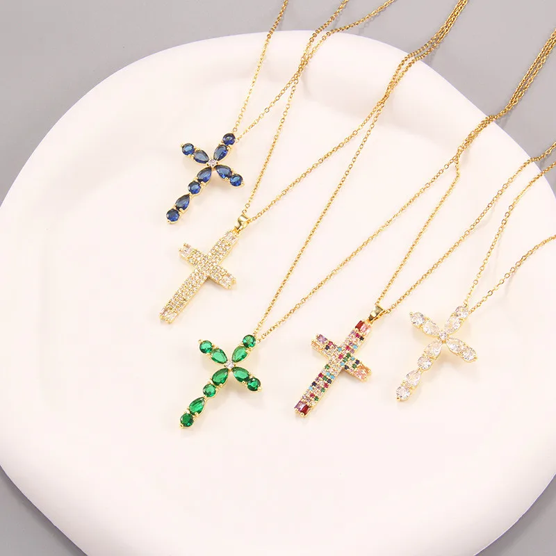 Fashion Colorful Zircon Cross Pendant Necklace Stainless Steel Classic Geometric Choker Jewelry Birthday Gifts For Women Girls