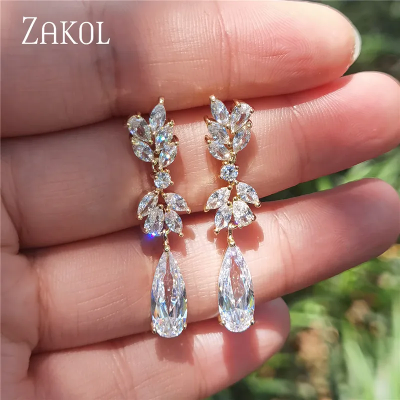 ZAKOL Shinny Water Drop Zircon Dangle Earrings for Women Leaf Shape Crystal Bridal Wedding Jewelry EP050