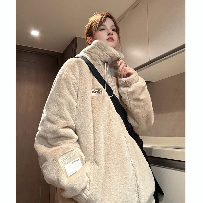 Lapel Imitation Rabbit Velvet Men's Winter Jacket Loose Warm Cotton-padded Jacket Man Trendy Labeling Fashion City Women's Coat